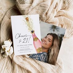 a birthday card with an image of a woman holding a champagne bottle on top of it