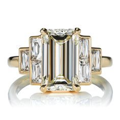 Elongated 3.40ct Emerald Cut Diamond Ring with French Cut Baguettes Victor Barbone Jewelry, Emerald Cut Diamond Ring, French Cut, Baguette Diamonds, Emerald Cut Diamond, Step Cut, Yellow Gold Setting, Baguette Cut Diamond, Channel Set