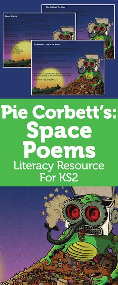 the cover of pie corbett's space poem, with three pictures of an alien