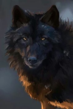 a painting of a black wolf with yellow eyes and brown fur on it's head