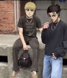 two young men sitting next to each other on cement steps with one holding a bag