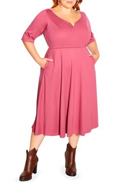 City Chic Cute Girl Fit & Flare Dress | Nordstrom Fab Dress, Colors Hair, Surplice Neckline, Girl Fits, Elbow Length Sleeve, Look Your Best, City Chic, Nordstrom Dresses, Fit And Flare Dress