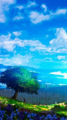 a large tree sitting on top of a lush green hillside under a blue cloudy sky