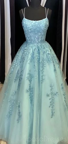 Spaghetti Straps Lace Beaded Tiffany Evening Prom Dresses, Evening Par – SposaDresses Stunning Prom Dresses, Blue Tulle, Gowns Prom, Prom Dress Inspiration, Cute Prom Dresses, Pretty Prom Dresses, Grad Dresses, Quince Dresses, Cheap Prom Dresses