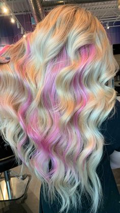 Blonde With Coloured Highlights, Blonde Hair With Colorful Highlights, Blonde And Vivid Hair Color, Pastel Pink Highlights, Pink Hair Highlights, Summer Blonde Hair