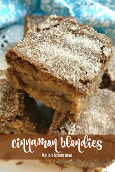 cinnamon blondies are stacked on top of each other