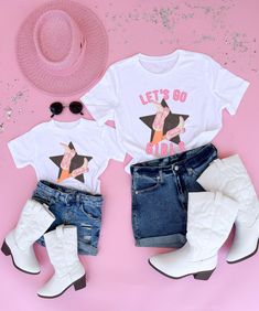 These adorable shirts feature a fun and cute cowgirl design and come in a variety of sizes for both adults and kids. They're made from high-quality materials and are super comfortable to wear, so you and your little one can look stylish and feel great all day long. Our shirts come in two lovely colors - pink and white. You can easily mix and match them to create your desired look. Let's go girls, let's rock these tees❤ ITEM DESCRIPTION • Direct-to-garment design • Material: 100% Cotton• Women's Cute Cotton T-shirt With Cow Print, Cute Cow Print Cotton T-shirt, Spring Cow Print Cotton Top, Spring Cotton Cow Print Top, Cowgirl Design, Cute Cowgirl, Cowgirl Look, Look Stylish, Matching Shirts