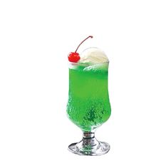 a green drink with ice and a cherry on top