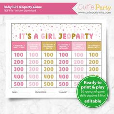 it's a girl baby shower game with pink and gold stars on the side