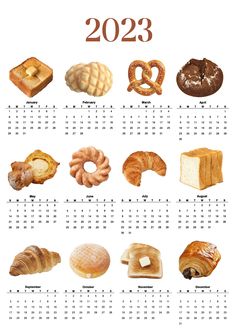 a calendar with different types of breads and pastries on the front, in white background