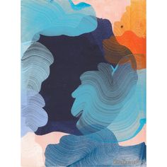 an abstract painting with blue, orange and pink colors