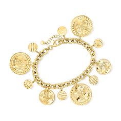 Ross-Simons - Italian 18kt Gold Over Sterling Disc Station Bracelet. 7". From Italy, this 18kt yellow gold over sterling silver bracelet dangles various-sized discs adorned with ornamental designs from a classic cable chain. Textured and polished finishes. Includes a 1" extender. Lobster clasp, 18kt gold over sterling disc station bracelet. Yellow Gold Plated Bracelet With Charms, Yellow Gold Round Bracelet With Charms, Gold-tone Bracelet With 17 Jewels, Gold-tone Round Gold Bracelet With 17 Jewels, Gold Charm Bracelet With 17 Jewels For Anniversary, Gold Round Bracelet With Charms, Station Bracelet, Fine Jewelry Bracelets, Sterling Silver Bracelet