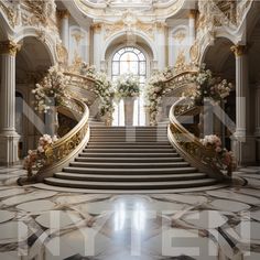 an ornate staircase with flowers and greenery on it