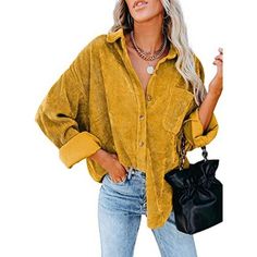 Women's Corduroy Oversize Blouses A Yellow 100% Polyester Button Closure Womens Corduroy Button Down Shirt Is Made With High-Quality Fabric. Soft, Lightweight And Comfortable To Wear Feature: Corduroy Fabrication, Solid Color, Front Button Closures, Bust Pocket, Long Sleeves With Button Cuffs, Boyfriend Style, Turn-Down Collar, Loose Fit Shirts. It Can Be Tied At The Waist Or Wrapped Around Waist, Wear As 3/4 Sleeves Or Full Sleeve You Can Pair This Shirts With Variety Of Tank Tops, Cami, Jeans, Courdroy Jacket, Courdoroy Jacket, Casual Coats For Women, Shirt Jacket Womens, Corduroy Blouse, Ribbed Shirt, Solid Color Shirt, Turndown Collar, Pocket Shirt