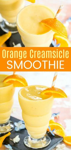 an orange creamsice smoothie is garnished with sliced oranges and served in small glasses