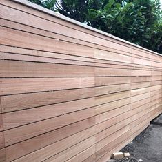 the side of a wooden fence that has been made out of plywood planks