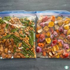 two plastic bags filled with different types of food