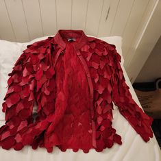 This Red Leather Jacket Looks To Be Handmade. But I Guess It Is Not Because It Says Stillman Studio. It Is Created Against A Polyester Net. The Red Pieces Of Leather Are Overlaid Against Each Other In Almost A Red Leaf And Heart Shape. It Has A Collar And Leather Buttons Going Down The Front. It Is A Size Medium, But I'm Thinking That Is For A Small Framed Woman. It Is A Lightweight, Beautiful Darker Red In Person Than The Photos. This Unique Item Is Sold As Is No Refunds On This. You Want It, Y Designer Red Leather Jacket For Fall, Designer Red Tops For Fall, Dark Red, Red Leather Jacket, Heart Shapes, Jackets & Coats, Jackets For Women, Leather Jacket, Collar