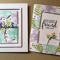 two cards with flowers and words on them