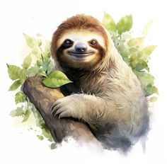 a painting of a sloth sitting on a tree branch with leaves around its neck