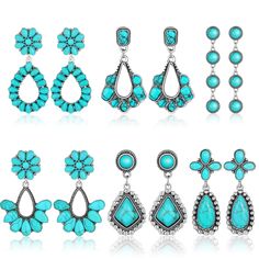 PRICES MAY VARY. Nice Combination Set: the package comes with 6 pairs of western turquoise oval earrings, available in different styles, sufficient quantity and variety of styles can meet your need to wear and match Details of Size: turquoise jewelry has 6 styles, delicate craftsmanship and eye catching, bring you nice wearing feelings; With different sizes, easily to match with your clothing, making you charming and attractive Elegant Accessories: western earrings add a bright effect to your lo Wood Teardrop Earrings, Long Turquoise Earrings, Turquoise Jewelry Western, Boho Cowboy, Boho Cowgirl, Dangle Earrings Boho, Western Earrings, Turquoise Drop Earrings, Oval Earrings