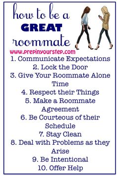 a poster with the words how to be a great roommate and an image of two women walking