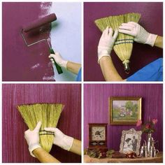 four pictures showing how to paint a wall with different colors and techniques, including brush