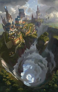 an artist's rendering of a futuristic city on top of a waterfall in the sky