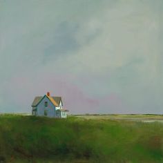 a painting of a house in the middle of a grassy field with a sky background