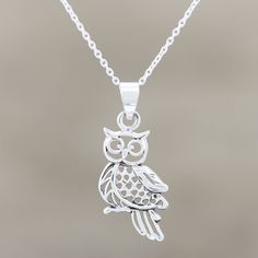 Shivani Choudhary in India designs this charming pendant necklace for owl lovers everywhere. Artisans craft the pendant from polished sterling silver, using traditional jali openwork to detail the owl's body. The pendant centers a sterling silver cable chain. Owl Necklace Silver, Owl Pendant Necklace, Grunge Jewelry, Owl Necklace, Owl Lovers, Jewelry Metal, Owl Pendant, Copper Necklace, Sterling Silver Necklace Pendants