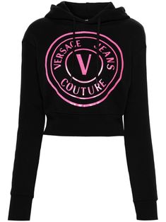 black cotton jersey texture slouchy drawstring hood drop shoulder contrasting logo print to the front glitter detailing long sleeves ribbed cuffs and hem cropped French terry lining pull-on style Versace Logo, Versace Brand, Versace Jeans Couture, Versace Jeans, Gianni Versace, Cotton Hoodie, Cropped Hoodie, Logo Print, Black Hoodie