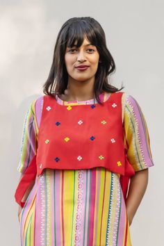 Multicolor straight kurta featuring Portuguese folk stripe print all over. Paired with a coordinating pant and an embroidered red jacket with side tie-up. - Aza Fashions Kurta Set With Jacket, Portuguese Fashion, Folk Print, Eid Party, Luxury Sale, Straight Kurta, Kurta With Pants, Pants Pattern, Modern Bride