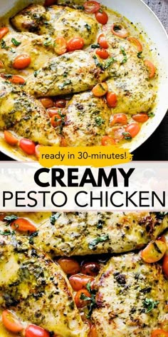 creamy pesto chicken with tomatoes and herbs in a pan