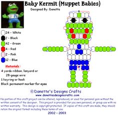 the instructions for baby kermit muppet babies are shown in green, blue and red