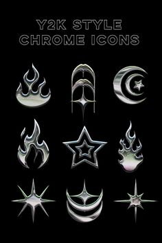 various types of tattoos on a black background with the words y2k style chrome icons