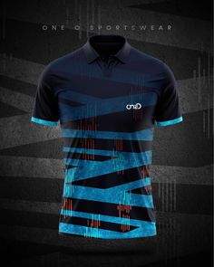 the front and back of a black shirt with blue lines on it, against a dark background