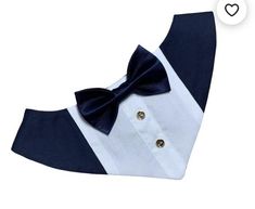 a white and blue shirt with a black bow tie