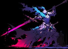 an animated image of a man holding two swords in front of a black background with pink and blue colors