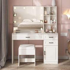 a white desk with a mirror, stool and bed in the corner next to it