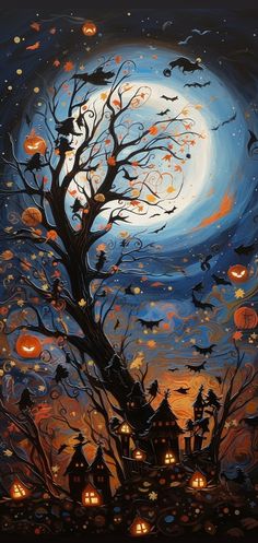 a painting of a tree with pumpkins on it