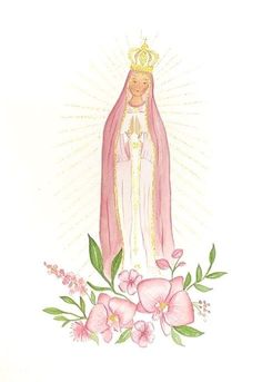 an image of the virgin mary with pink flowers and greenery in front of it