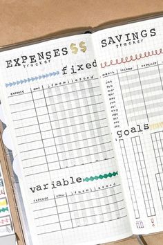 an open planner with the words savings and excels on it next to a calculator