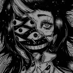 a black and white drawing of a woman's face with an evil look on her face