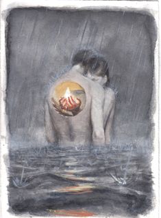 a drawing of two people in the water with a candle on their chest and one person holding