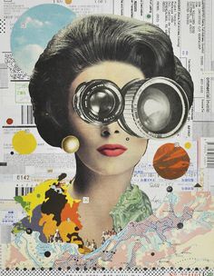 an image of a woman with binoculars on her face and some other things in the background