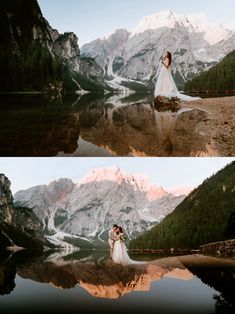 two pictures of a bride and groom in front of mountains