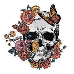 a skull with roses and a butterfly on it's head is shown in this image