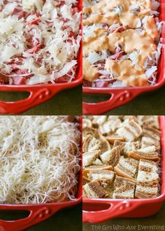 four red trays filled with different types of food