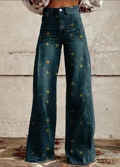 Lasaky - Exclusive Link Border Print Wraparound Pantyhose Casual Wide Leg Pants, Printed Wide Leg Pants, Border Print, Colour Star, Star Print, Gold Stars, Casual Fits, Look Cool, Western Fashion