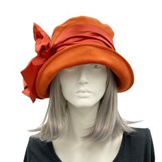 Burnt Orange Velvet, Edwardian Hat, Custom Made Hats, Bow Scarf, Women Hats Fashion, Velvet Hat, Boardwalk Empire, Orange Velvet, Cloche Hat